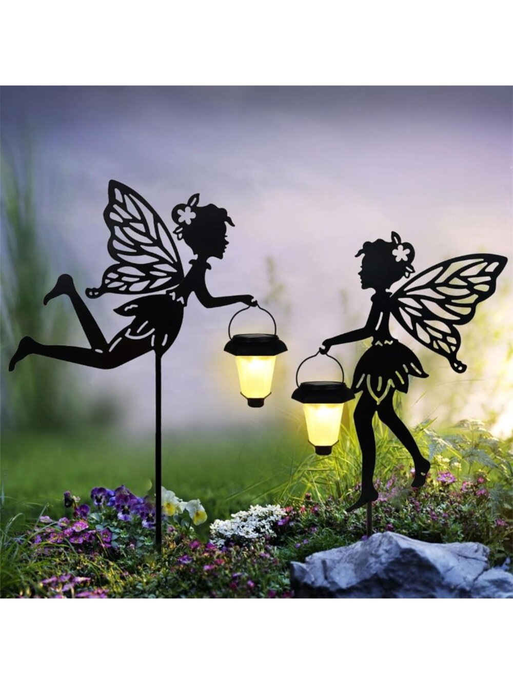 2 Pack Solar Fairy Garden Stake Lanterns - Metal Angel Silhouette Lights for